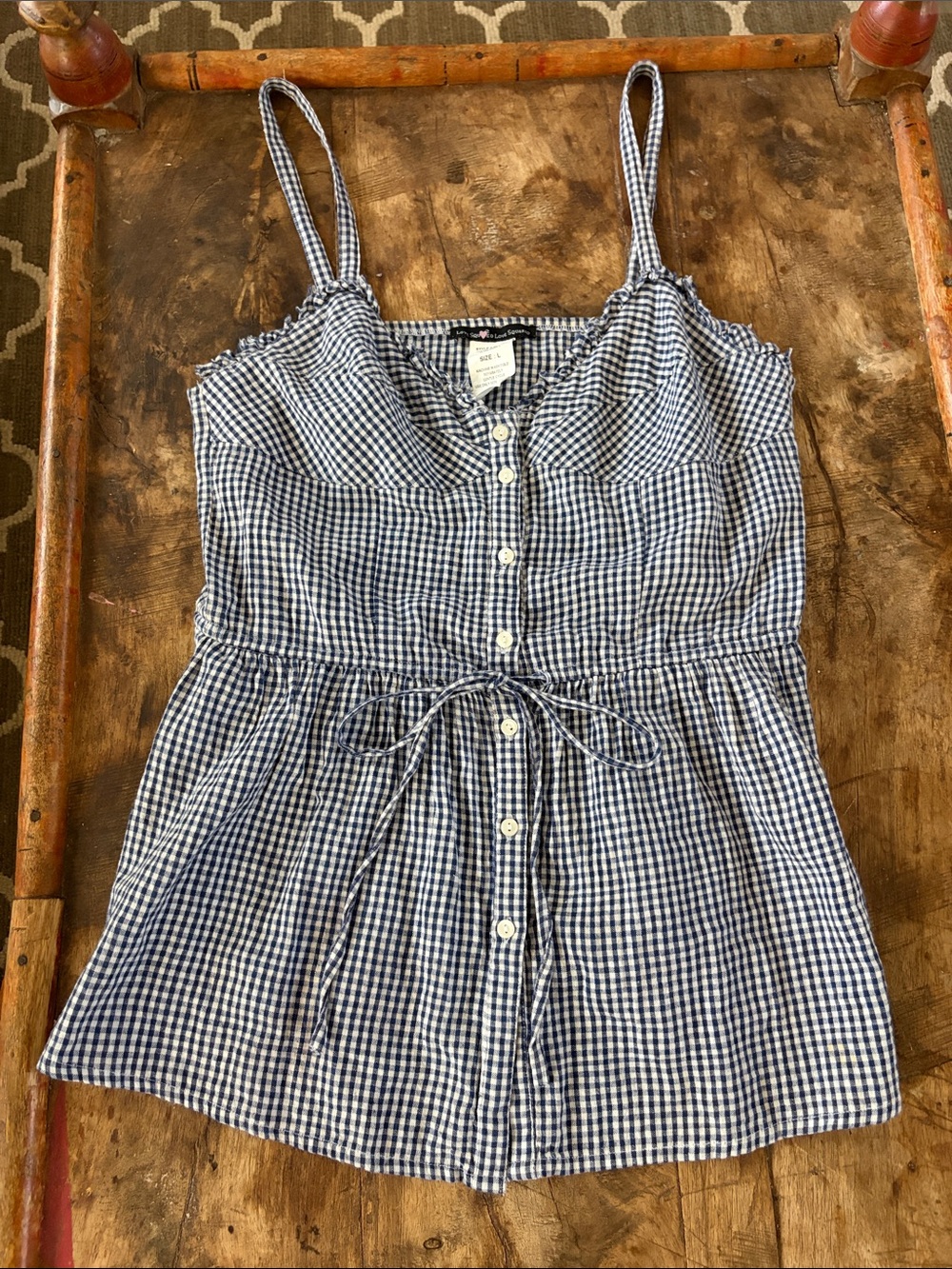 Blue Gingham Button-Front Tie-Waist Cami